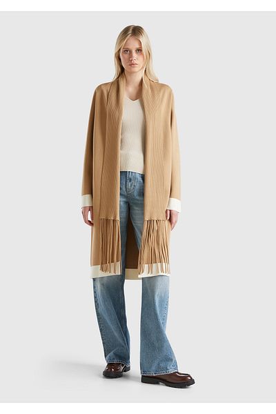 United Colors of Benetton Cardigan tricotat cu guler șal cu ciucuri, bej, vâscos, pentru femei