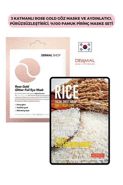 Dermal 3 Layer Rose Gold Eye Mask 4 Gr. And Brightening Smoothing 100% Cotton 25 Gr. Rice Mask