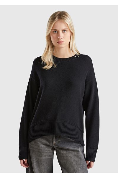 United Colors of Benetton Pulover de damă din amestec de lână neagră, cu fundul lat, cu gâtul rotund
