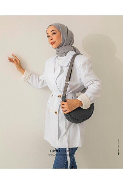 Meri Store Bağcık Detaylı Beyaz Keten Ceket