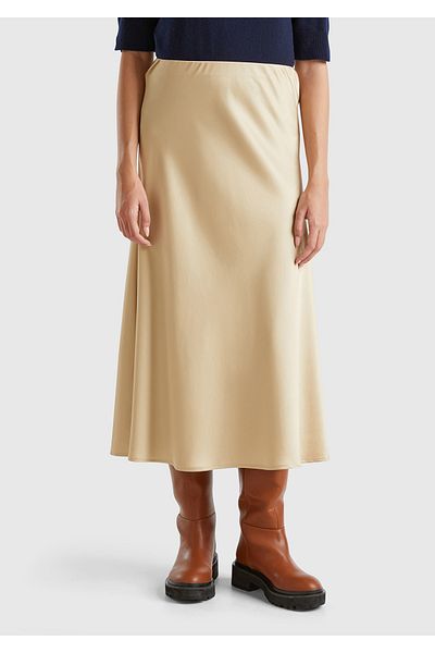 United Colors of Benetton Fusta midi de damă, bej, vâscos, amestecat cu volane, aspect satin