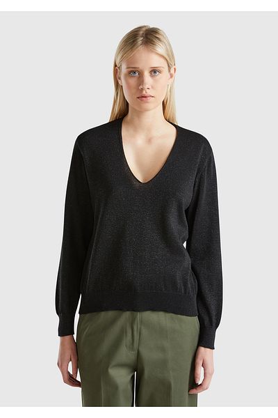 United Colors of Benetton Pulover de damă, negru, din bumbac și amestec vâscos, cu decolteu în V, cu croiala relaxată