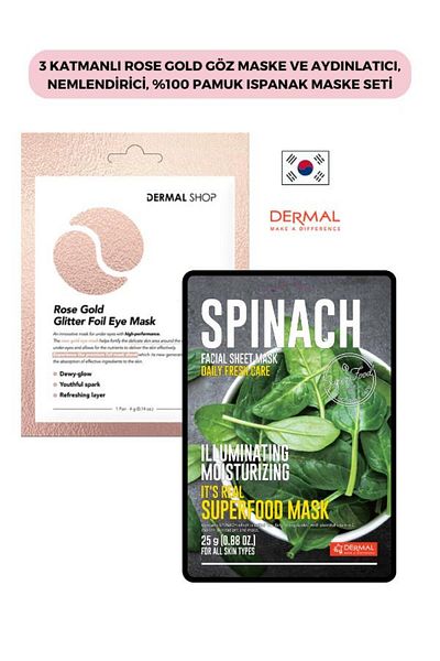 Dermal Rose Gold 3-Layer Eye Mask and Brightening - 100% Cotton Spinach Set