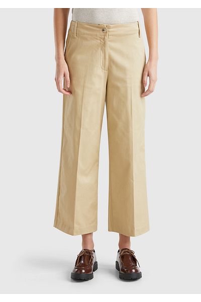 United Colors of Benetton Women's Beige Cotton Blended Buttoned Back Pocket Wide Leg Trousers