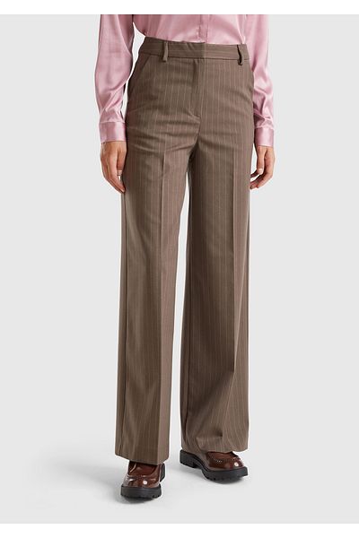 United Colors of Benetton Women's Tan Viscose Mixed Thin Striped Wide Leg Trousers with Front Pockets