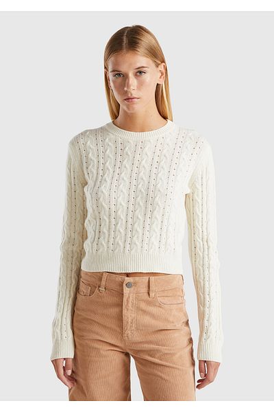 United Colors of Benetton Pulover de damă, crem, amestecat de lână, tricot cu motiv, cu gâtul rotund