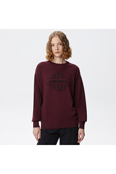 Lacoste Kadın Regular Fit Bisiklet Yaka Baskılı Kırmızı Kazak