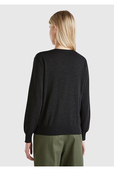 United Colors of Benetton Pulover de damă, negru, din bumbac și amestec vâscos, cu decolteu în V, cu croiala relaxată