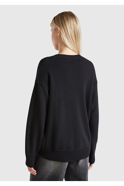 United Colors of Benetton Pulover de damă din amestec de lână neagră, cu fundul lat, cu gâtul rotund