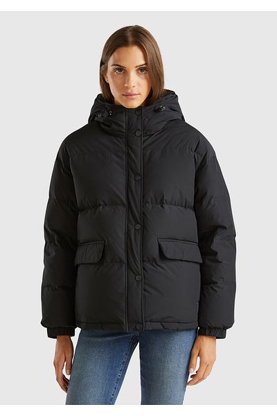 United Colors of Benetton Women's Black Pocket Detailed Button Closure Drawstring Hooded Short Coat