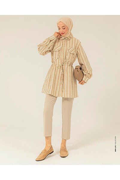 Meri Store Çizgili Tarçın Keten Ceket