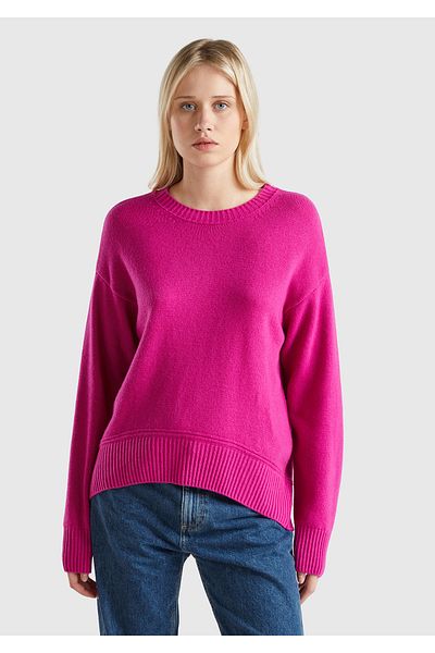 United Colors of Benetton Pulover de damă din amestec de lână fucsia cu gât lat