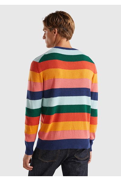United Colors of Benetton Мъжки пуловер с кръгло деколте на райета, многоцветен, от смес от вълна и кашмир