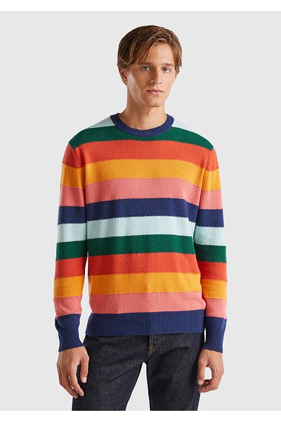 United Colors of Benetton Мъжки пуловер с кръгло деколте на райета, многоцветен, от смес от вълна и кашмир
