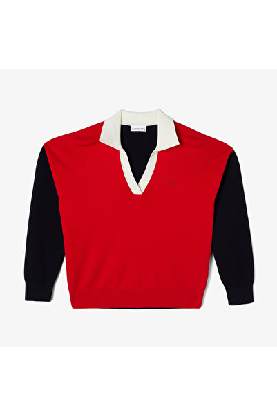 Lacoste Pulover roșu pentru femei, cu guler polo, cu croială normală, bloc de culoare