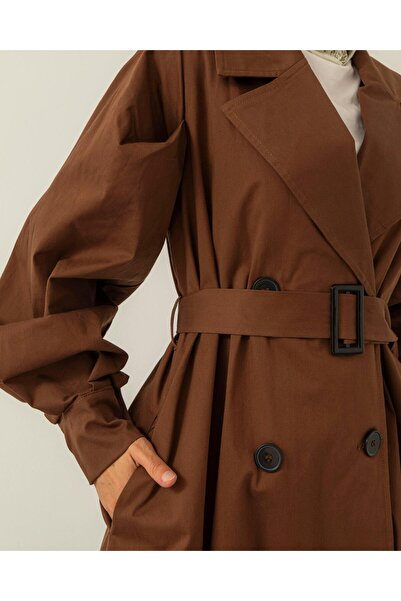 Meri Store Altı Düğmeli Seyyar Kemerli Kahve Trençkot
