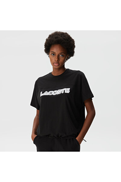 Lacoste Kadın Loose Fit Bisiklet Yaka Baskılı Siyah T-Shirt