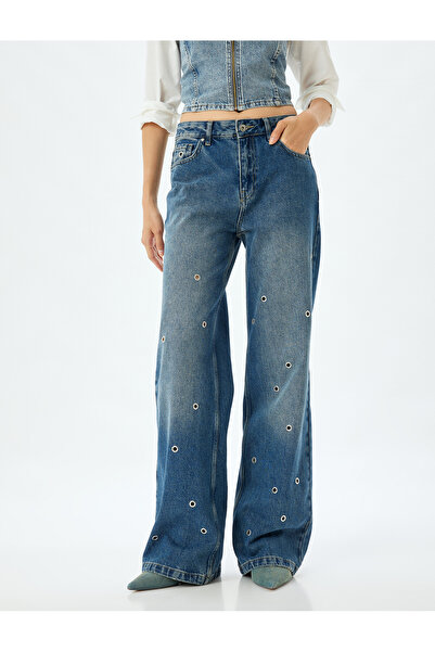 Koton Pamut normál derekú széles szárú farmernadrág - széles szárú farmernadrág fűzőlyukkal