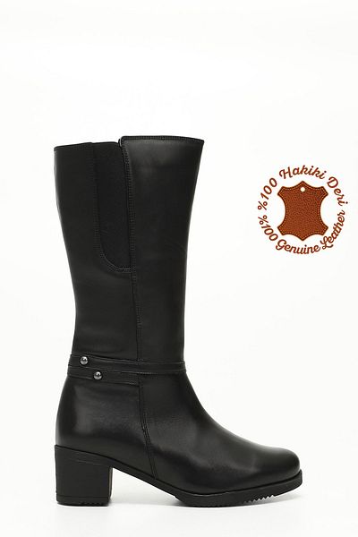GÖNDERİ(R) BLACK Gön din piele naturală cu vârf rotund, cu talpă din cauciuc, cu toc, cizme zilnice pentru femei GN514