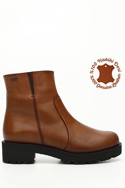 GÖNDERİ(R) TABA ANTIQUE Gön Genuine Leather Round Toe Heeled Rubber Sole Zippered Women's Daily Boots 52421