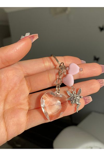 Pinky Lady زخرفة حقيبة سلسلة المفاتيح Fairycore ذات القلب الشفاف