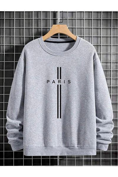 NO 601 Γκρι ανδρικό φούτερ Paris Stripe - Crew Neck