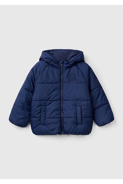 United Colors of Benetton Boy's Navy Blue Left Chest Logo Patched Front Pocket Hooded Zippered Coat