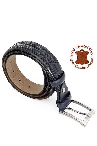 GÖNDERİ(R) Navy Blue Antique Gön Genuine Leather Braided Patterned Men's Belt 13444