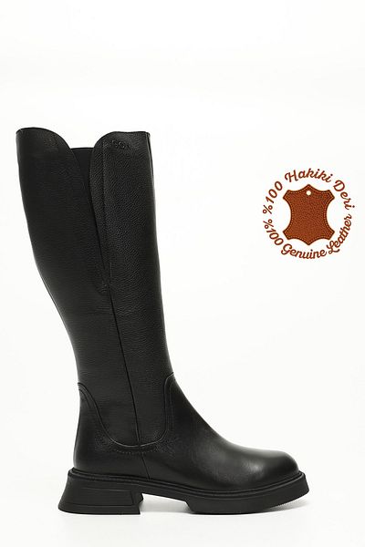 GÖNDERİ(R) Women/Girls Black Floater Zippered Thick Heeled Genuine Leather Boots