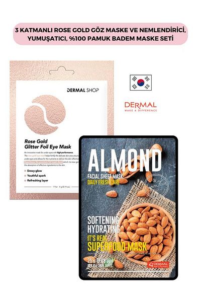Dermal Rose Gold 3-Layer Eye Mask - Moisturizing and Softening, 100% Cotton Almond Set