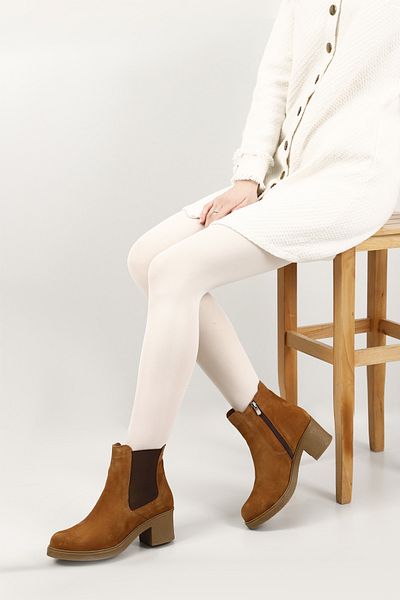 GÖNDERİ(R) Women's / Girls' Tan Suede Zippered Thick Heeled Genuine Leather Chelsea Boots