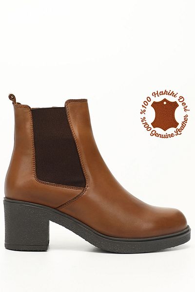 GÖNDERİ(R) Women's Tan Antique Zippered Thick Heeled Genuine Leather Chelsea Boots
