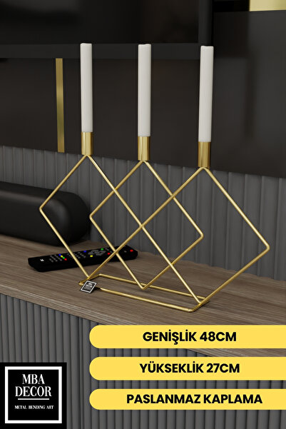 mba decor metal bending art Metal Gold Double Prizma Şamdan 48cm Masaüstü Şam...