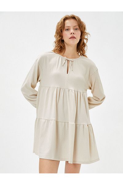 Koton Long Sleeve Dress Mini Flounce Window Tie Detailed Textured