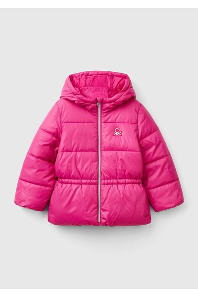 United Colors of Benetton Girl's Left Chest Logo Embroidered Gathered Elastic Waisted Hooded Coat