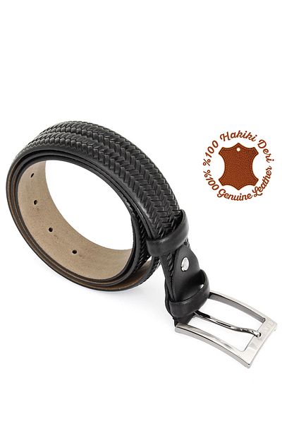 GÖNDERİ(R) Black Heart Genuine Leather Braided Patterned Men's Belt 13444
