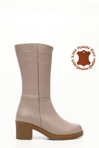 GÖNDERİ(R) Women / Girls Powder Zippered Thick Heeled Genuine Leather Boots