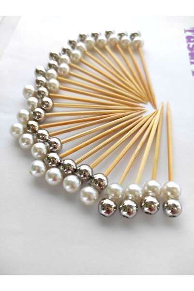 BEYHAN BAYHAN 50 Adet Dekoratif Krem Gümüş Çift Incili Kokteyl Kürdanı 6 Cm -...