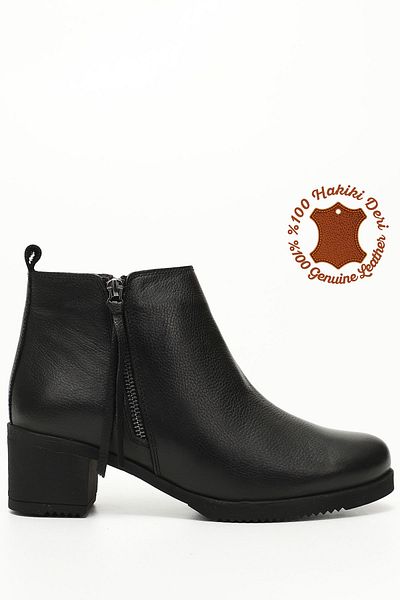 GÖNDERİ(R) Women's Black Floater Zippered Thick Heeled Genuine Leather Boots