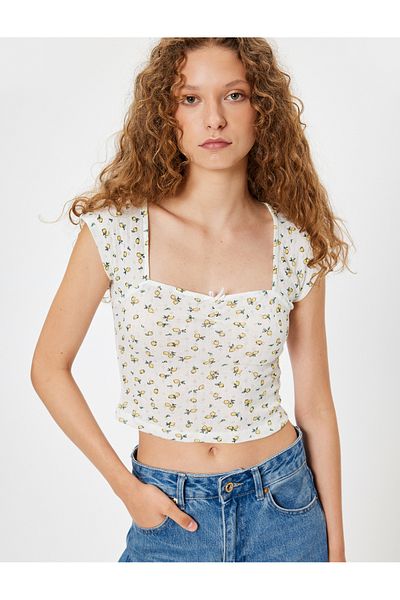 Koton Cotton Slim Fit Fruit Printed T-Shirt - Square Collar, Bow Detailed Cap Sleeve