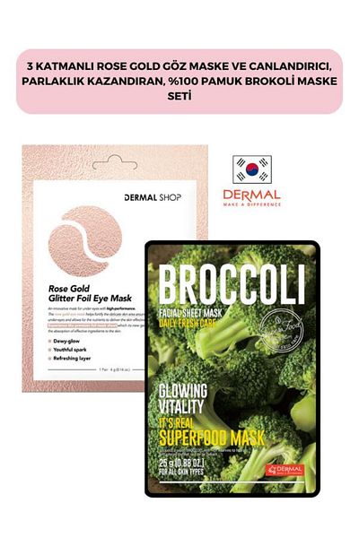 Dermal Rose Gold 3-Layer Eye Mask and Refreshing 100% Cotton Broccoli Set - Giving Shine