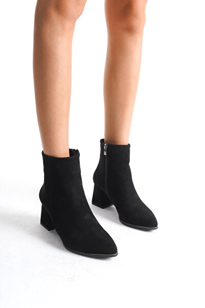 Limeo Pointed Toe Leather Look Skin Front Metal Detailed Zippered Short Simple Classic Boots Bootie