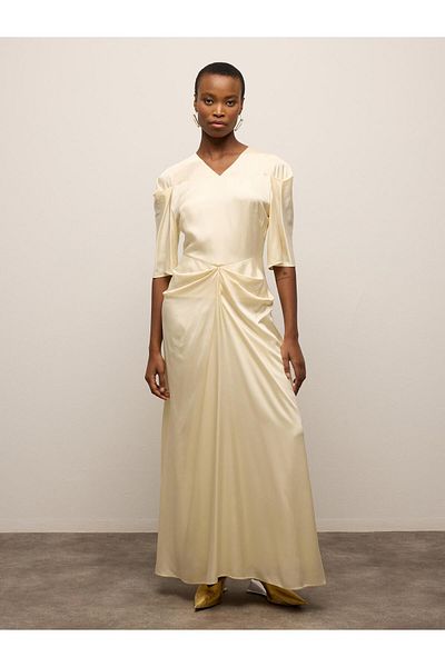 BAQA Pleated Detailed Half Sleeve V-Neck Dress