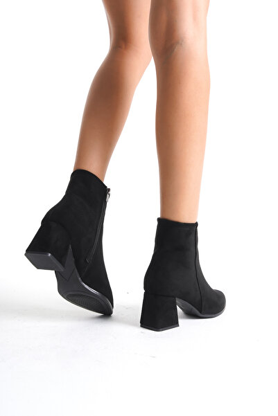 Limeo Pointed Toe Leather Look Skin Front Metal Detailed Zippered Short Simple Classic Boots Bootie