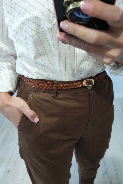 lady special Kadın Kanvas Kemerli Pantolon Kahverengi
