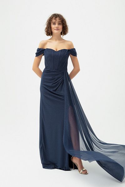 OFZE Women's Navy Blue Underwire Corset Detailed Silvery Long Evening Dress