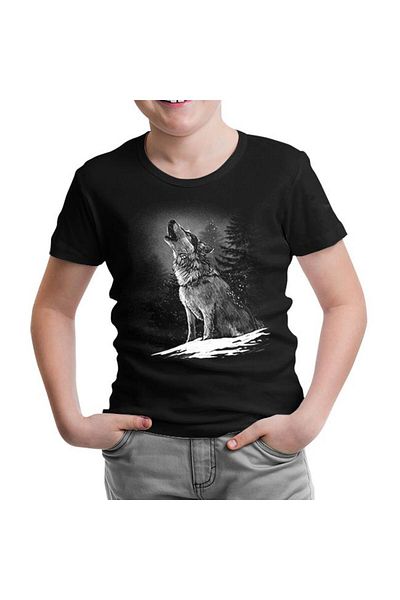 Lord T-Shirt تي شيرت Wolf Howling At The Moon باللون الأسود الواقعي للأطفال