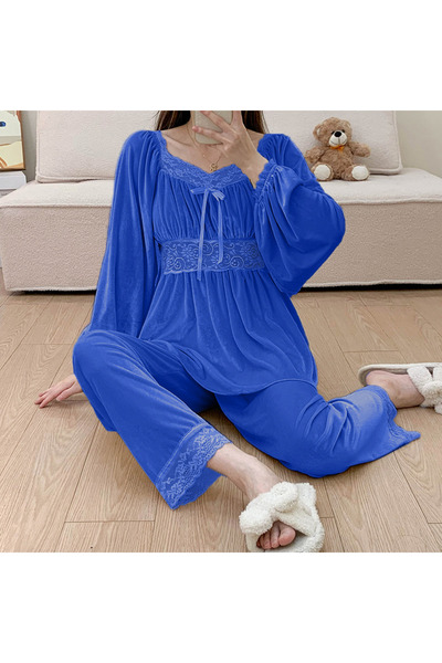 moda4b Kadın Kadife Pijama Takimi 90 , Mavi