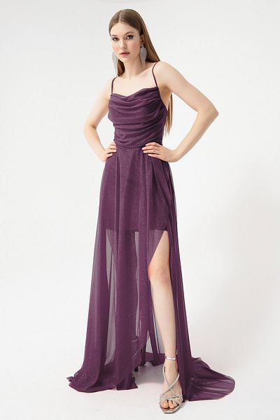 Lafaba Plum Colored Women's Evening Dress - Chest Draped and Flounced Glitter Detail