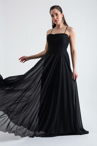 Lafaba Women's Black Underwire Corseted Glitter Long Evening Dress